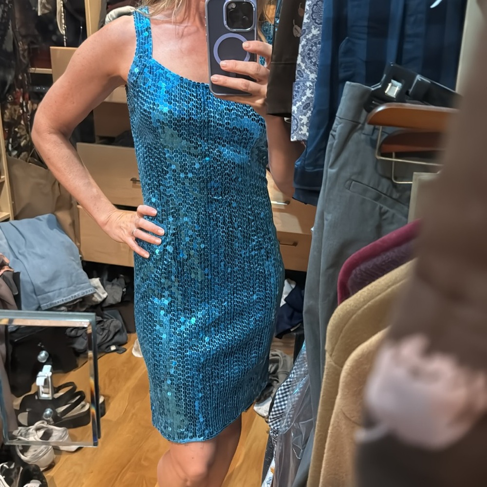 Vintage 90s Turquoise Sequin Sleeveless tank Dress, vintage size 8 / modern 4 - Picture 6 of 6
